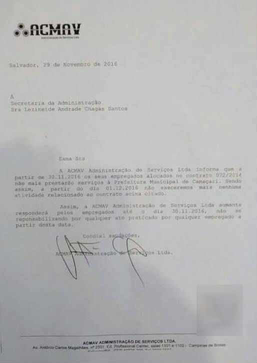 Ofício da ACMAV encaminhado para a Secretaria de Administração, Lezineide Andrade
